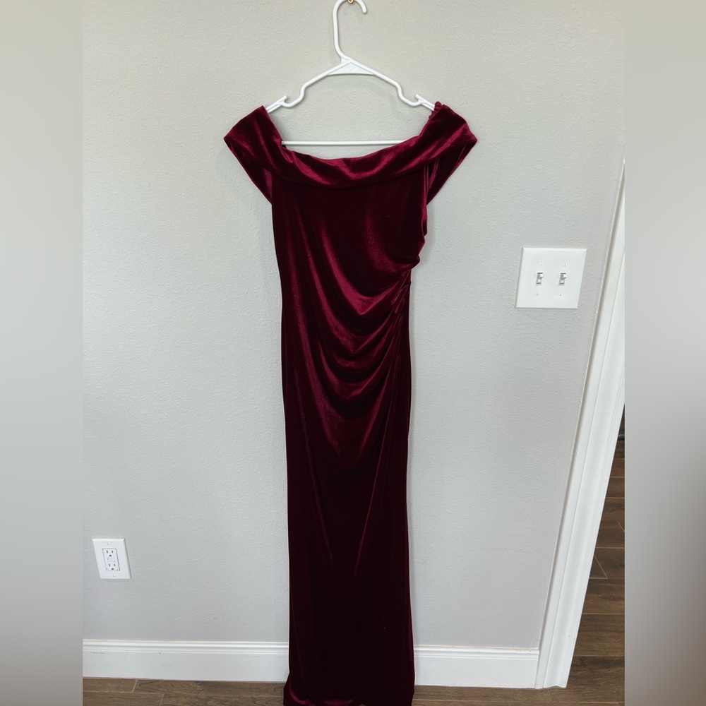 Red Velvet Off the Shoulder Maxi Dress